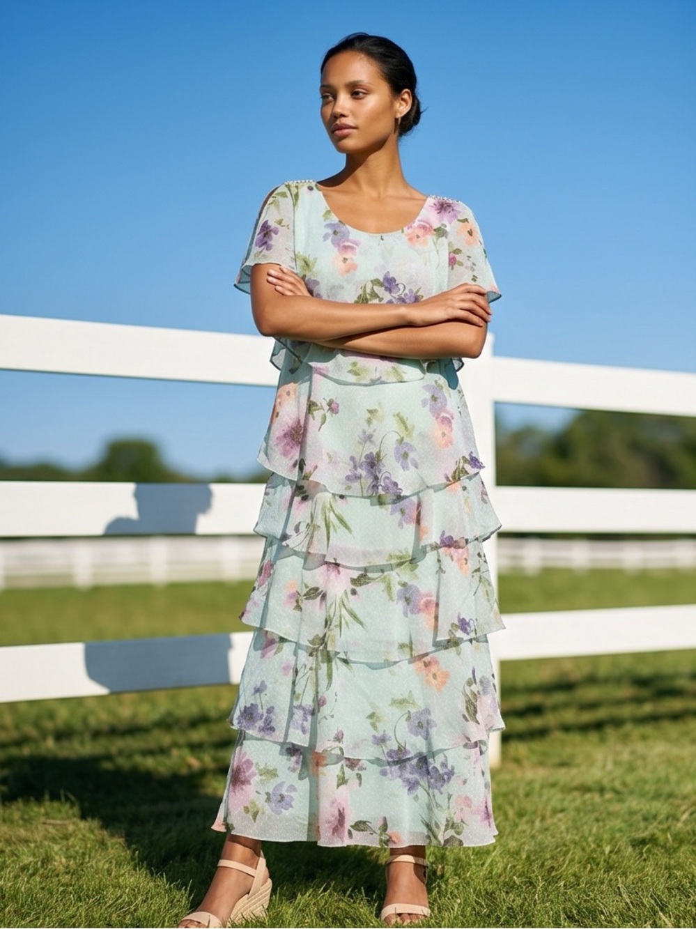 SLNY Mint Floral Tiered Maxi Dress